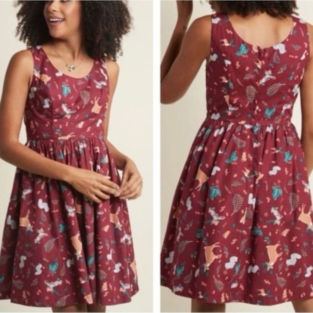 Modcloth Burgundy Woodland Creatures Dress